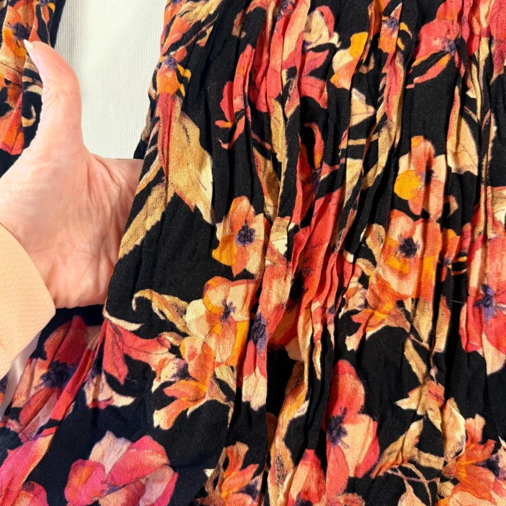 Free People Floral Mini Dress‎ 4 Black Orange Cutout Keyhole Bell Sleeve Boho